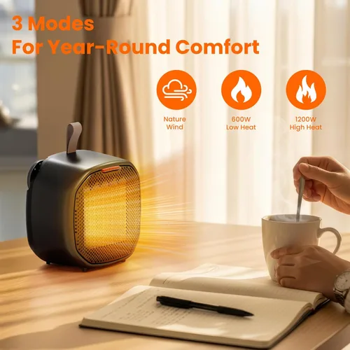 Miniatura 2 de ZAFRO Calentador de espacio de cerámica portátil de 1200 W para uso en interiores, termostato ajustable de 3 modos, protección contra vuelco y negro