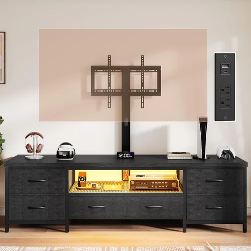 Soporte de TV para TV de 80 pulgadas con soporte, centro de entretenimiento LED con cajones de tela y tomas de corriente, consola multimedia