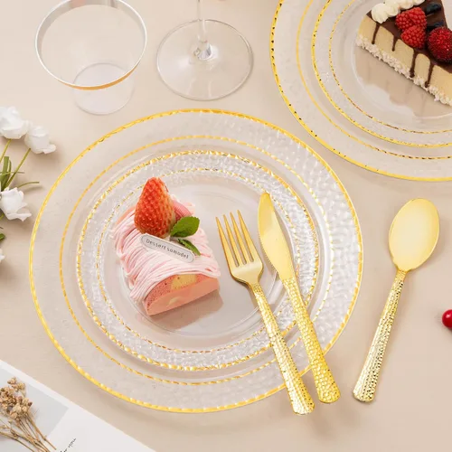 Miniatura 5 de Bestluck 350 piezas de platos de plástico transparentes con ribete dorado para 50 invitados, juego de vajilla desechable para fiesta y boda