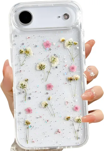 Miniatura 8 de LSEEKA Funda transparente para iPhone 13 Mini/iPhone 12 Mini con diseño de flores reales prensadas, con purpurina, bonito patrón floral blanco, Oro