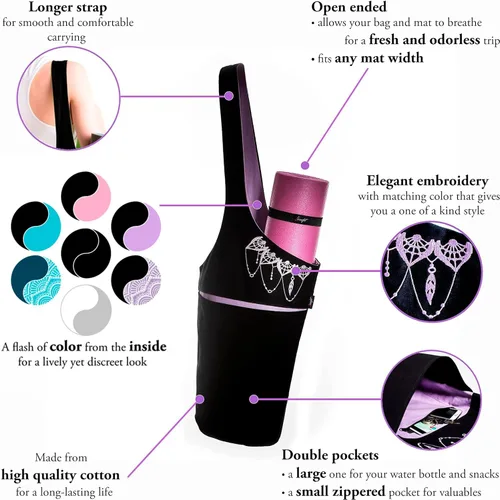 Miniatura 7 de Bolsa para esterilla de yoga: bolsa de yoga versátil con correas para alfombrilla y bolsillos de almacenamiento, sostiene esterillas de yoga y Negro