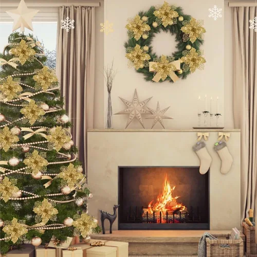 Miniatura 8 de 10 flores artificiales de Navidad de flor de pascua, lentejuelas con purpurina, adornos para árbol de Navidad, decoraciones de flor de pascua