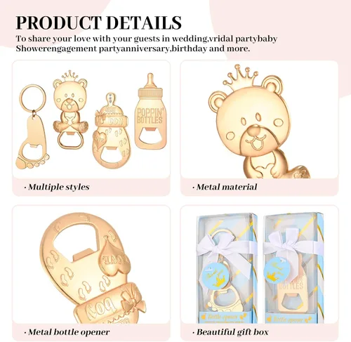Miniatura 3 de Abrebotellas de bebé, 24 piezas, llavero con huella de oso y niño, abrebotellas con caja de regalo azul, recuerdos de fiesta de baby shower
