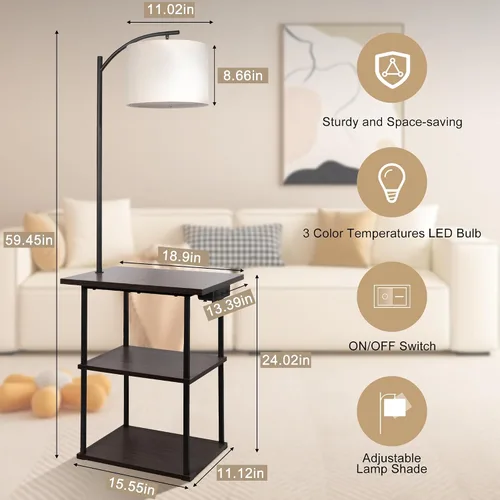 Miniatura 4 de PESRAE Lámpara de pie con mesa, lámparas para mesita de noche con estación de carga (USB y tipo C y puerto de CA), bombilla LED de 3 temperaturas