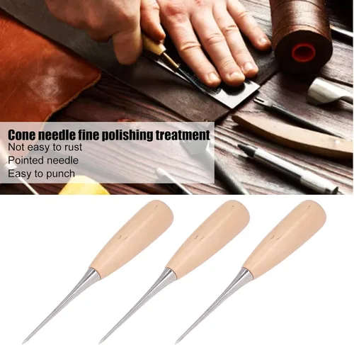 Miniatura 2 de Punzón de cuero para bricolaje, 3 piezas de punzón de cuero con mango de madera, juego de herramientas de perforación de cuero para reparar