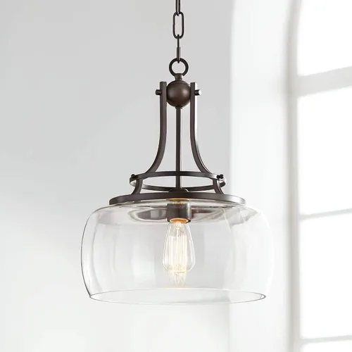 Franklin Iron Works Lámpara Colgante de Bronce - Charleston Bronce, Cristal Transparente, Pequeña Lámpara Colgante de Estilo Rústico para Islas de