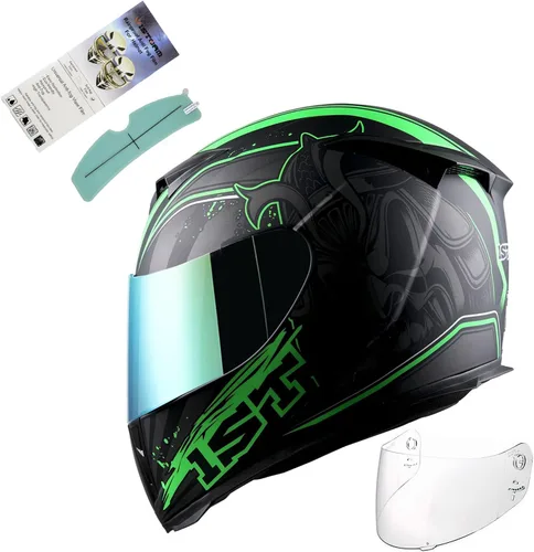 Casco integral para motocicleta 1Storm con diseño de cráneo rey en mate negro + una visera transparente extra: HJK311 Verde cráneo