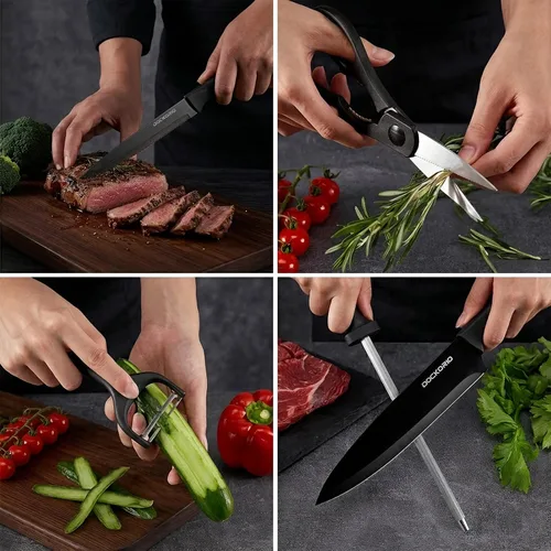 Miniatura 6 de Juego de cuchillos de cocina con bloque, 19 piezas de acero inoxidable de alto carbono afilado incluye juego de cuchillos de carne dentados, Negro