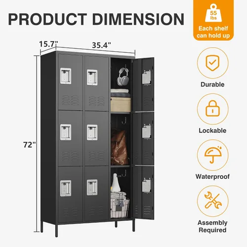 Miniatura 3 de STANI Taquillas de metal para empleados con cerradura, armario de almacenamiento de acero de 9 puertas altas con estantes, gabinete de acero