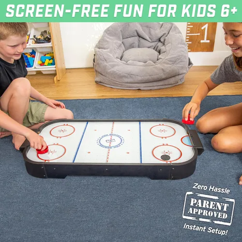 Miniatura 6 de GoSports Juego de hockey de aire de mesa de 30 pulgadas para niños, mesa de juego portátil, funciona con pilas, color negro