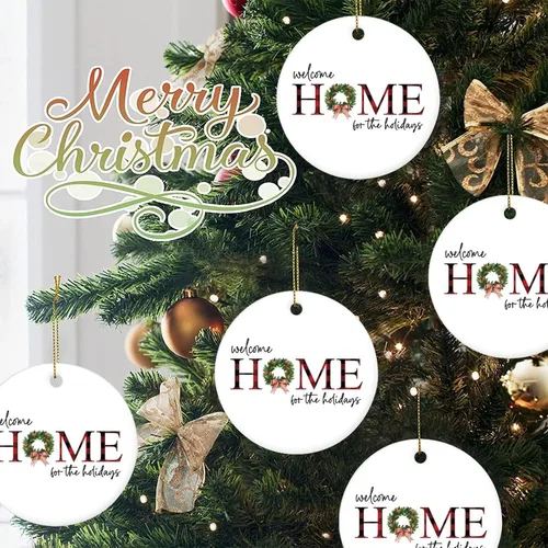 Miniatura 7 de Adorno de Navidad de cerámica de 3 pulgadas, recuerdo de bienvenida a casa para las vacaciones, divertido colgante de porcelana impresa de dos caras