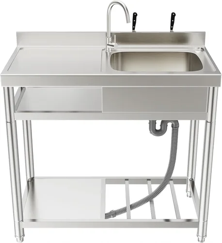 Miniatura 9 de ROOMTEC Juego de fregadero de acero inoxidable 304, fregadero de cocina de restaurante comercial, fregadero al aire libre con banco de trabajo