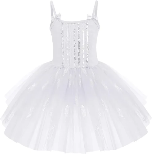 AFAVOM Vestido de ballet con lentejuelas y flecos para niñas pequeñas, vestido de ballet con purpurina y plumas, tutú con falda, leotardo para