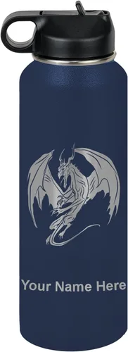 Miniatura 67 de LaserGram Botella de agua con tapa abatible de doble pared de 12 onzas con pajilla, dragón, grabado personalizado incluido (negro)
