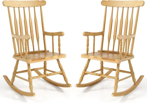 Miniatura 13 de Giantex Mecedora de madera para exteriores, mecedora de patio con marco de madera de goma maciza, respaldo de listones, balancín exterior e