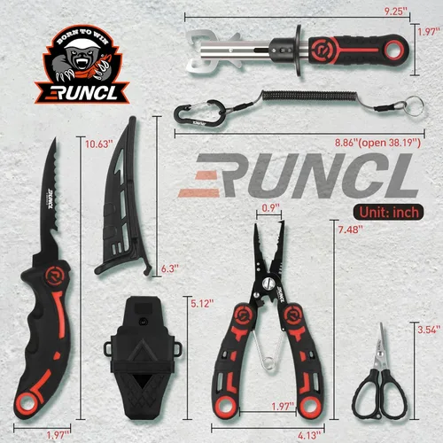 Miniatura 5 de RUNCL - Juego de herramientas de pesca de 4 piezas, alicates de pesca, cuchillo de filete de pescado con afilador, pinza de labios de pescado