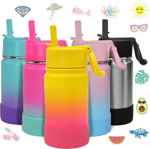 Miniatura 2 de CHILLOUT LIFE Botella de agua aislada para niños de 12 onzas para la escuela con tapa con pajilla, a prueba de fugas y bonitas calcomanías Nectarina
