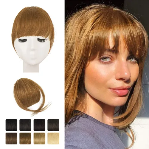 Miniatura 30 de BARSDAR Flequillo postizo de pelo humano real - Flequillo postizo 100% pelo humano para mujeres - Extensiones de flequillo ondulado castaño rojizo