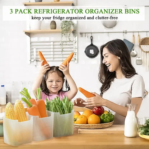 Miniatura 6 de Paquete de 3 cajas organizadoras de refrigerador, contenedores de plástico para almacenamiento de puerta lateral del refrigerador, contenedores