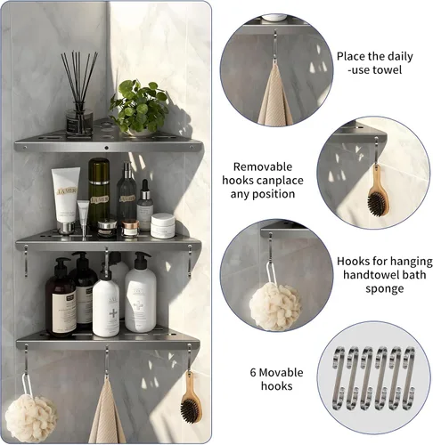 Miniatura 4 de Paquete de 2 estantes esquineros de ducha, estantes de baño de acero inoxidable 304 de 10 pulgadas con 6 ganchos, capacidad resistente, resistente