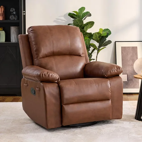 Silla reclinable giratoria de cuero de 360° para adultos, sillón reclinable manual con cojín de resorte, sofá individual con bolsillos laterales
