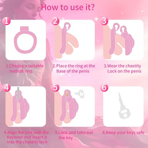Miniatura 5 de Jaula de castidad masculina ligera ABS + dispositivo de castidad de resina, juguetes sexuales para adultos con 4 tamaños diferentes de anillos, Rosa