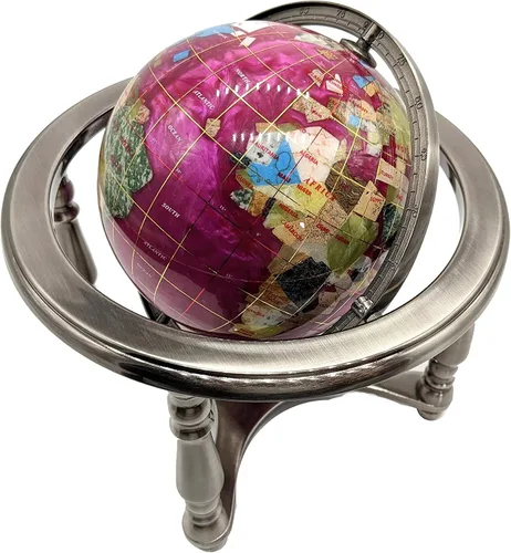Miniatura 3 de Unique Art - Tablero de mesa de 10 pulgadas de alto, globo del mundo con piedras preciosas del océano con soporte de aleación de zinc de 4 patas