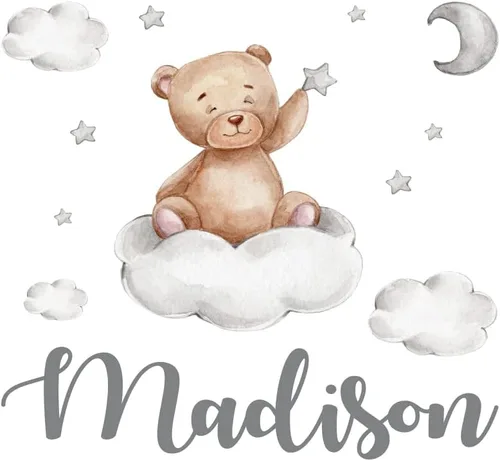 Miniatura 6 de Calcomanía de pared de oso de peluche con nombre personalizado, luna, estrellas, nubes, acuarela, decoración de habitación de bebé para niños