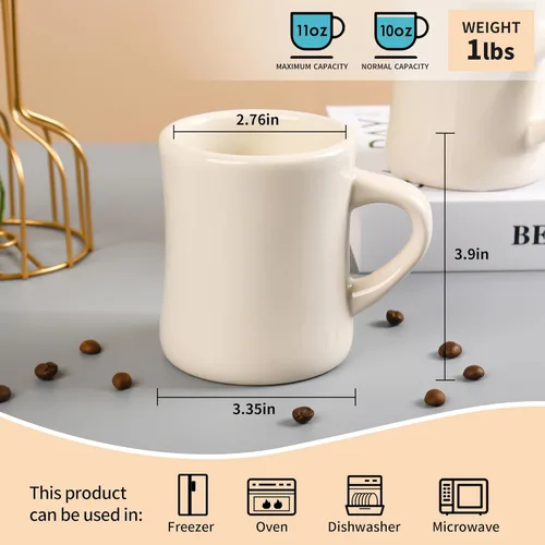 Miniatura 2 de BYCNZB Juego de 6 tazas de café de cerámica de 11 onzas para restaurante, comedor, granja, cafetería, hogar (crema)