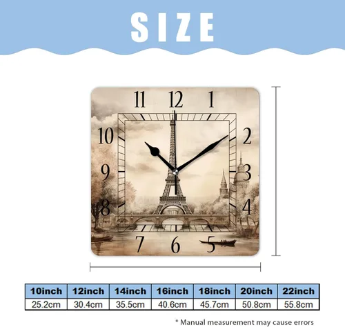 Miniatura 2 de Reloj de pared decorativo de 10 pulgadas, silencioso, cuadrado, para el hogar, sala de estar, cocina, torre Eiffel, retro, París, exquisito A0591