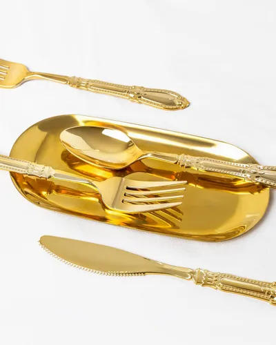 Miniatura 4 de Nervure Juego de cubiertos de plástico dorado de 90 piezas, juego de cubiertos desechables resistentes, utensilios de plástico dorado de lujo que