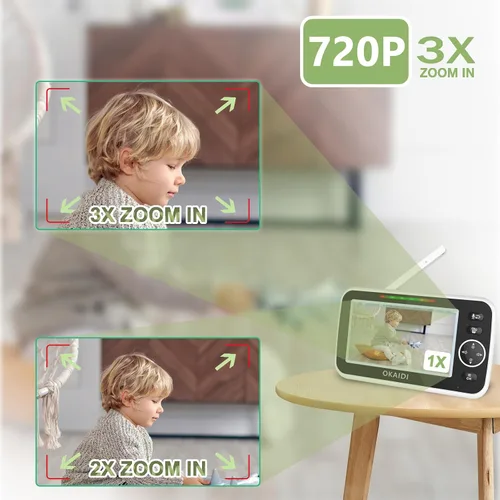 Miniatura 4 de OKAIDI Monitor de bebé HD de 5 pulgadas con cámara y audio, pantalla de 720P, batería de 5000 mAh, panorámica e inclinación remota, zoom 3X, visión