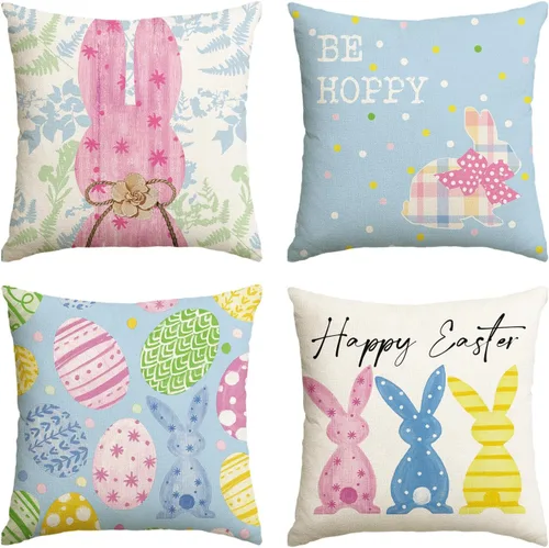 Miniatura 11 de AVOIN colorlife Juego de 4 fundas de almohada negras de 16 x 16 pulgadas con diseño de conejo de Pascua Happy Easter Be Hoppy Rabbit