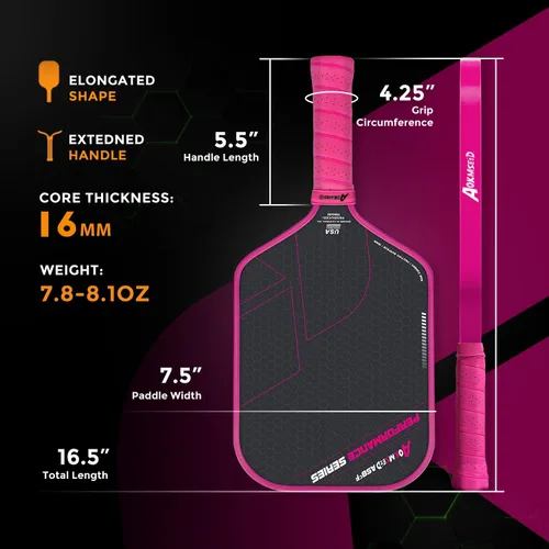 Miniatura 4 de AKS Performance Series Pickleball Paddles Set - Toray T700 Raw Carbon Fiber Pickleball Paddle with Friction Surface, 16mm Powerful Polymer Core, Rosa