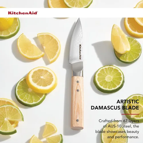 Miniatura 4 de KitchenAid Cuchillo de pelar forjado de 3.5 pulgadas de alta calidad, hoja de acero de damasco AUS-10, mango de madera de Pakka con triple remache