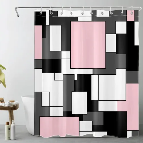 Cortina de ducha moderna rosa para baño, gris blanco y negro, abstracto de mediados de siglo, minimalista, geométrico, 60 x 72 pulgadas, tela de