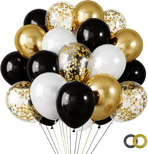 Miniatura 25 de RUBFAC 65 piezas de globos de 12 pulgadas, kit de globos rojos, negros y blancos con confeti y cintas para cumpleaños, bodas, baby shower, Negro