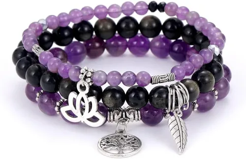 UEUC - Pulseras Reiki, apilables, de piedras curativas, cristales, con dije del árbol de la vida, yoga y hoja de loto, contra la ansiedad y para el