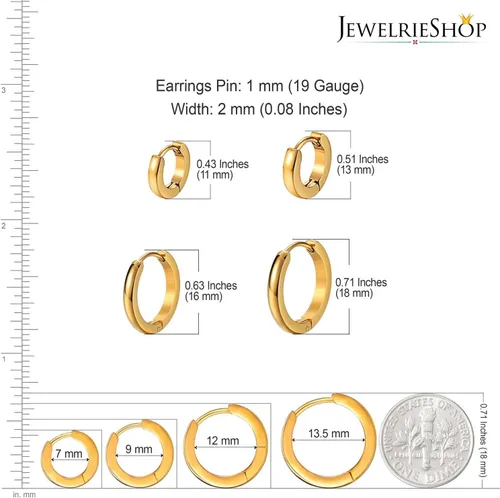 Miniatura 3 de JewelrieShop - Juego de aretes de aro quirúrgicos dorados, hipoalergénicos, aretes de aro para hombre (oro, negro, aretes de aro de acero inoxidable)