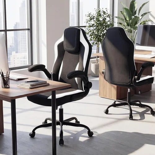Miniatura 9 de Giantex Silla de oficina ergonómica, silla de escritorio de tela de lino con reposabrazos abatibles de 90°, altura ajustable, función mecedora