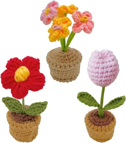 Miniatura 11 de JOONOR 3 piezas de mini tulipanes de ganchillo en maceta, flor de soplo de rosa falsa de punto para baño, hogar, cocina, mesa rústica, centro