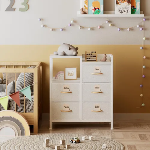 Miniatura 6 de Furnulem Cómoda blanca de 5 cajones para dormitorio, estante de 2 niveles, cómoda de tela pequeña para armario, marco de metal resistente, gabinetes