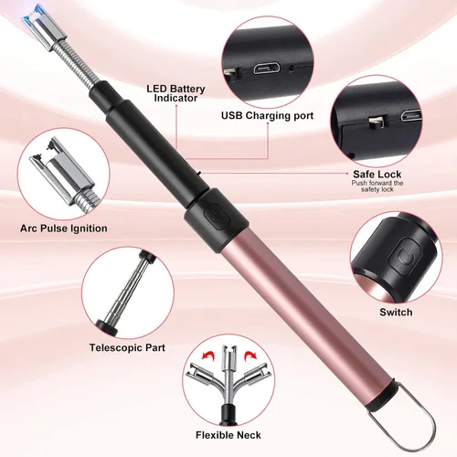 Miniatura 2 de Encendedores de arco para velas, cuello largo y flexible, 27.6 in, telescópico, recargable, eléctrico, sin llama, para cocina, chimenea, piloto, Rosa