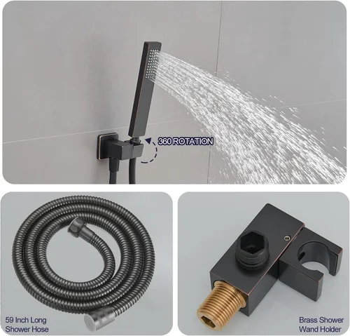 Miniatura 4 de Juego de Grifería de Ducha de Lluvia en Bronce Frotado con Aceite, Sistema de Ducha con Cabezal de Ducha Cuadrado de 8 Pulgadas con Ducha de Mano