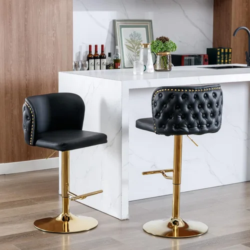 Miniatura 3 de Juego de 2 taburetes de bar de cuero, taburetes de bar giratorios de altura ajustable con botón trasero copetudo y patas de metal cromado dorado