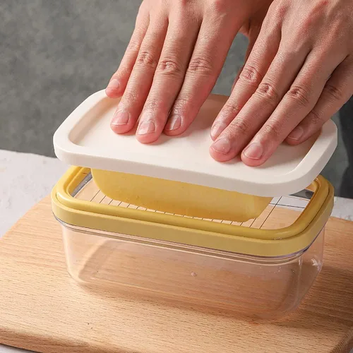 Caja cortadora de mantequilla, plato de mantequilla de plástico con tapa, cortador de mantequilla de acero inoxidable, recipiente rectangular de