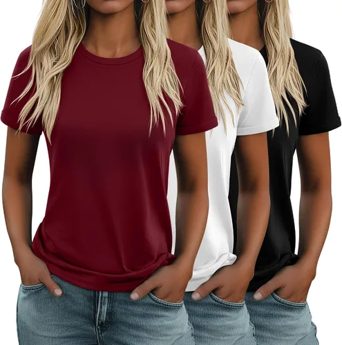 Miniatura 30 de Huukeay Paquete de 3 camisetas de algodón para mujer, estilo casual, de manga corta, cuello redondo, ajuste holgado, básica, lisa