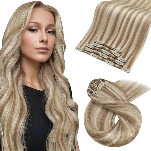Miniatura 68 de Moresoo Extensiones de cabello humano Remy con clip, color rubio platino, extensiones de cabello humano real de doble trama, color rubio #60, 18