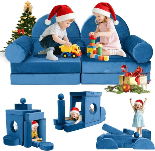 Miniatura 12 de Sofá modular de juego para niños, 13 piezas, sofá de espuma de alta densidad, muebles de sala de juegos convertibles con funda de terciopelo suave