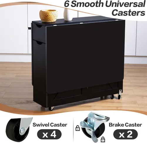 Miniatura 6 de Mesa de comedor plegable con cajón y estantes de almacenamiento, mesa de comedor plegable de 53" que ahorra espacio con 6 ruedas, mesa de hoja